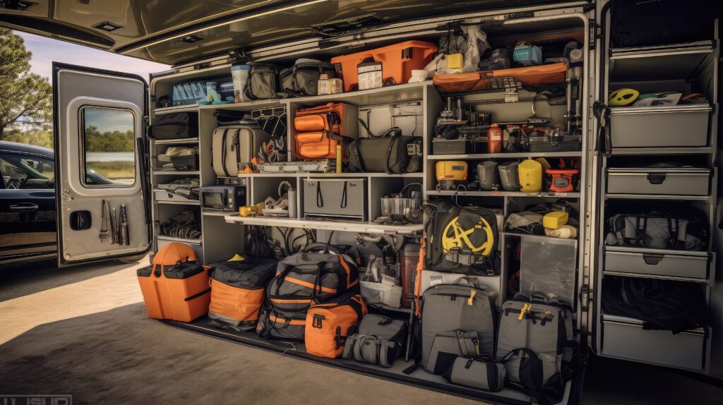 Packed RV storage bay with essential gear, tools, and camping supplies