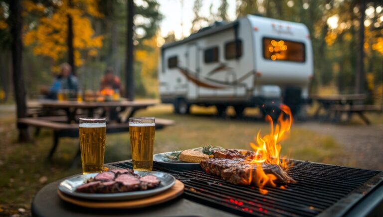 Campsite cooking scene with delicious grilled steaks and beverages, surrounded by an autumnal forest