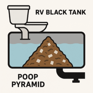 Cutaway diagram of an RV black tank showing a poop pyramid forming due to improper waste management, with water level and toilet connection illustrated.